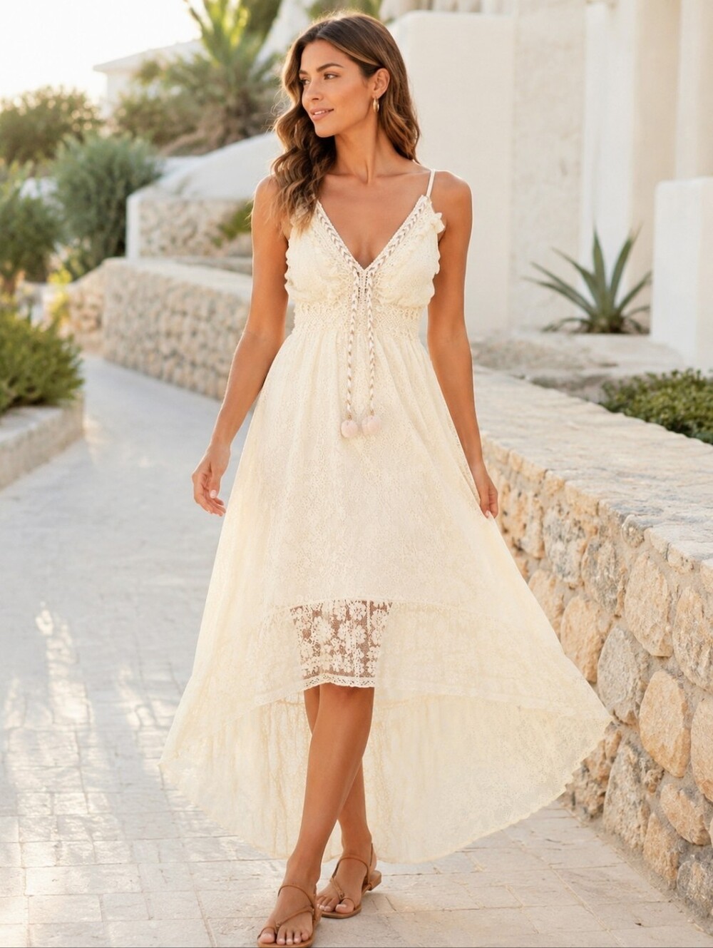 CUPSHE Astrid Ivory Lace High-Low Maxi Dress S